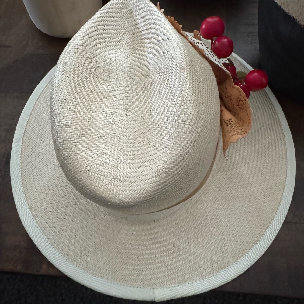 EUC Louise Green cream fedora cherry straw hat - Picture 11 of 16